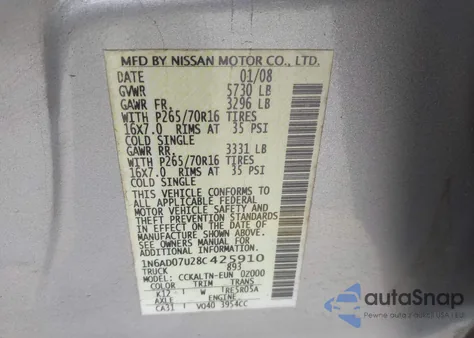 2008 Nissan Frontier Se from USA, damaged, VIN 1N6AD07U28C425910